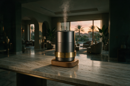 Cadence One nebulising diffuser in graphite and oak on a travertine console in a Gulf villa at dusk, a fine thread of vapour rising