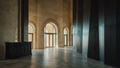 A Gulf hotel lobby at early morning in stone and dark timber, with a discreet commercial scent unit near the entrance