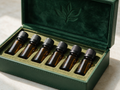 Six 10 ml amber glass bottles seated in a felt-lined dark green presentation case on a pale mineral surface
