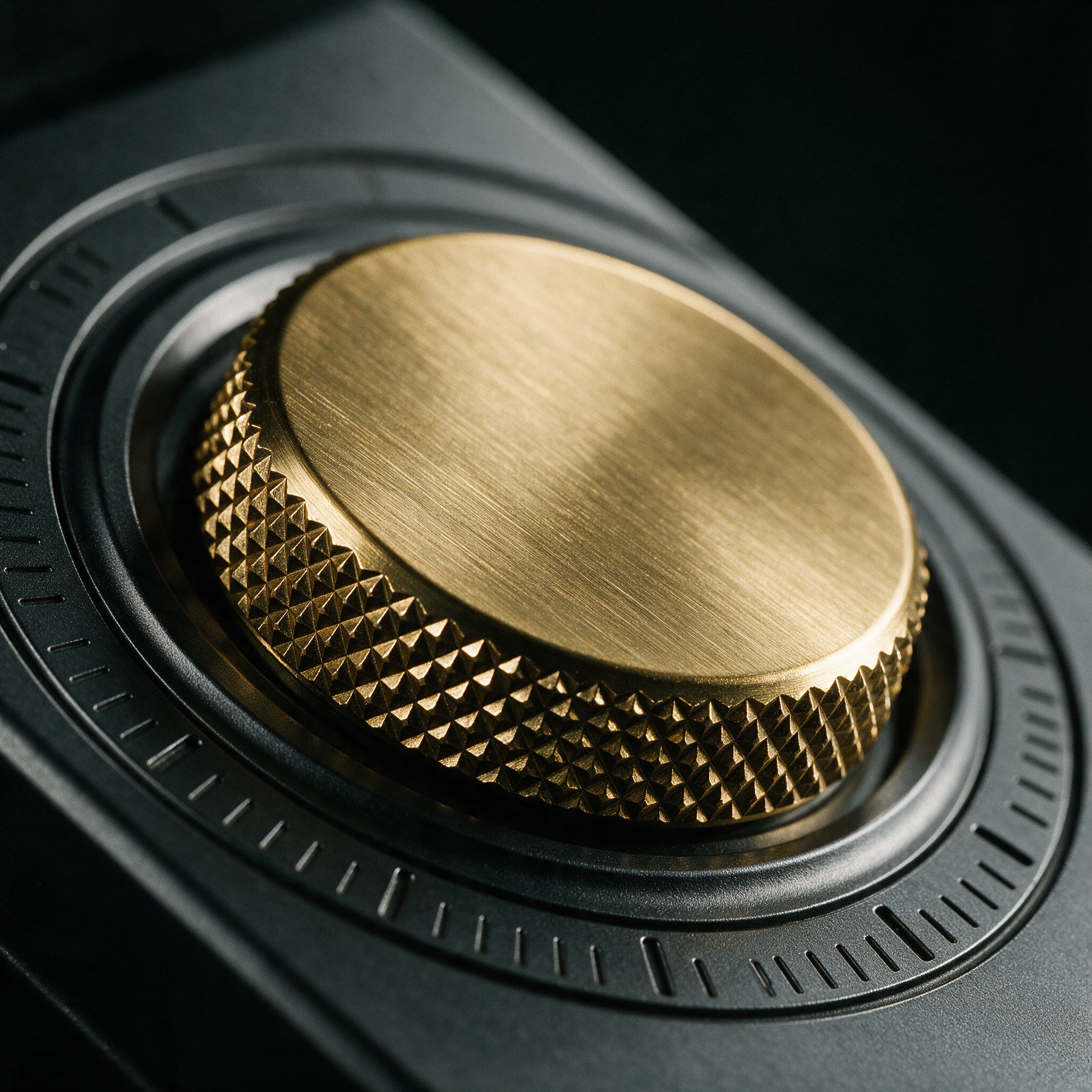 Macro detail of the brushed brass dose dial, engraved with calibration marks, set into anodised graphite aluminium