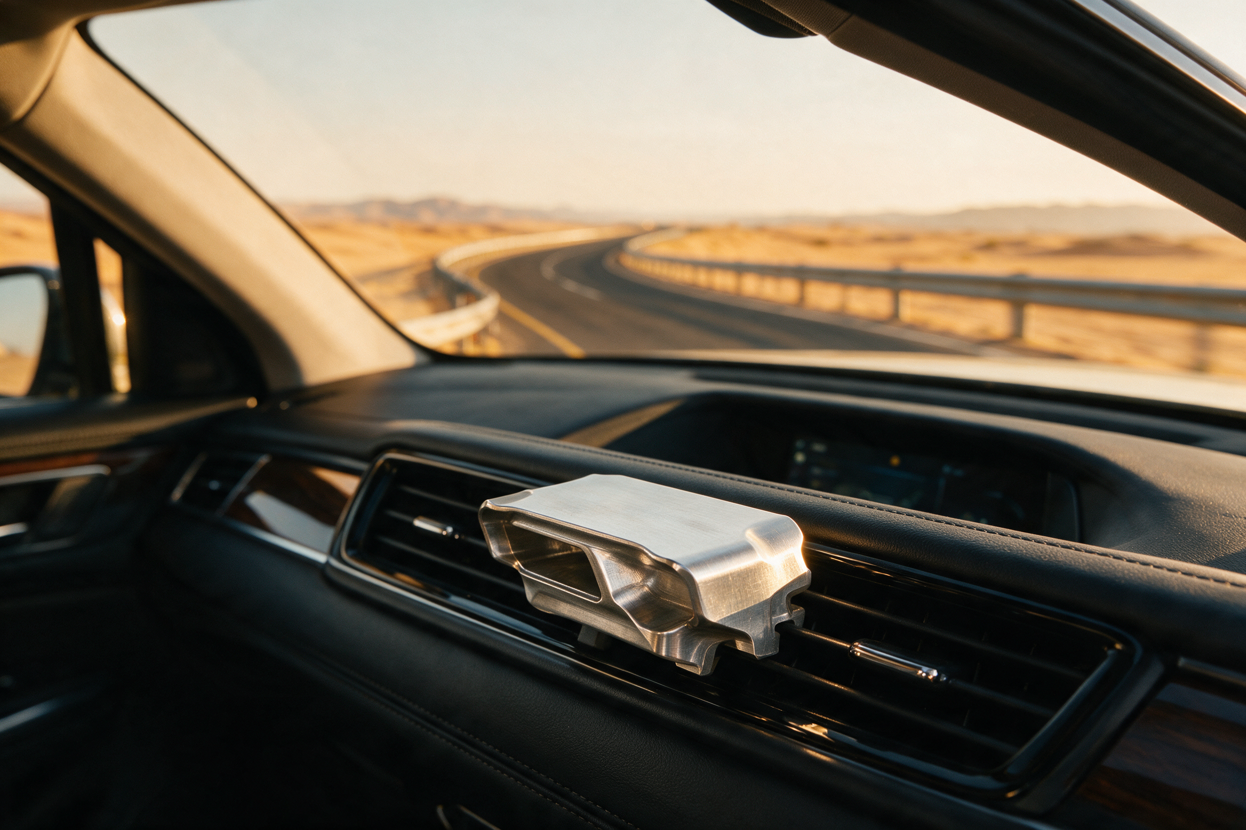 Cadence Drive machined aluminium car diffuser clipped to a vent, photographed at golden hour on a desert highway