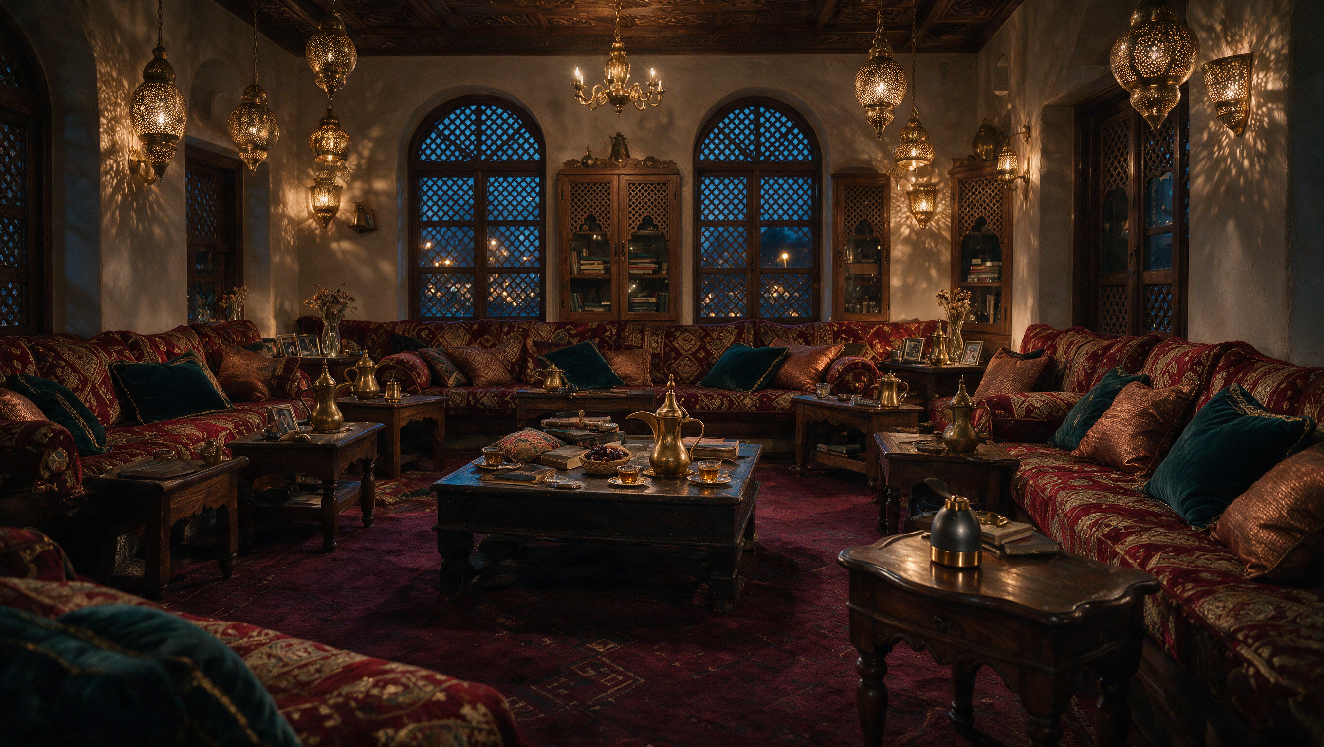 A contemporary Gulf majlis at evening, low seating and warm lamps, with a small graphite and brass diffuser on a side table