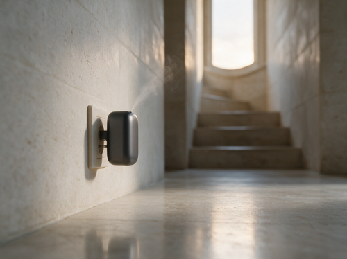 Cadence Mini plug-in diffuser in a wall socket in a pale limestone hallway at evening