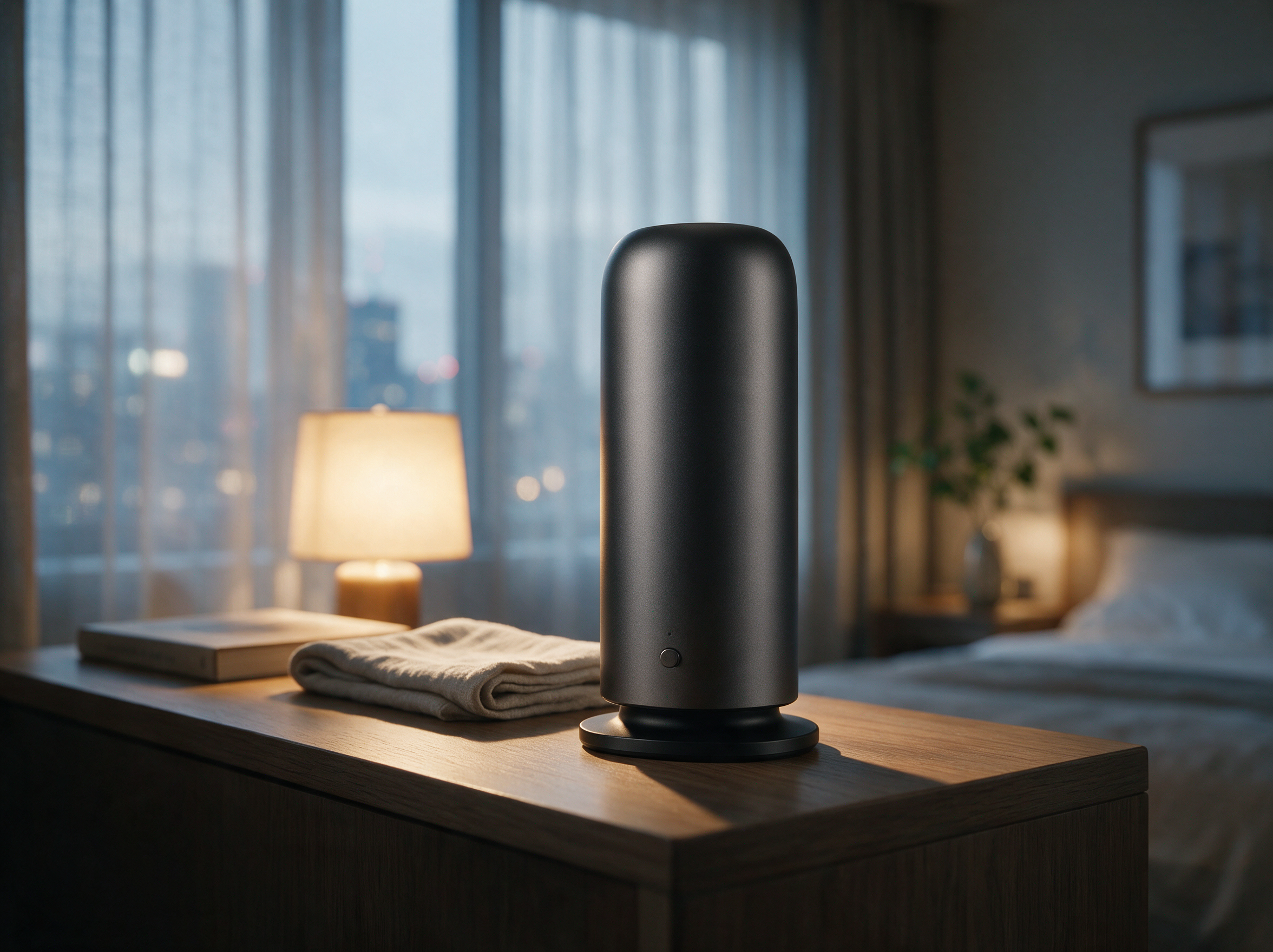 Cadence Go cordless travel diffuser on a hotel nightstand beside folded linen and a book