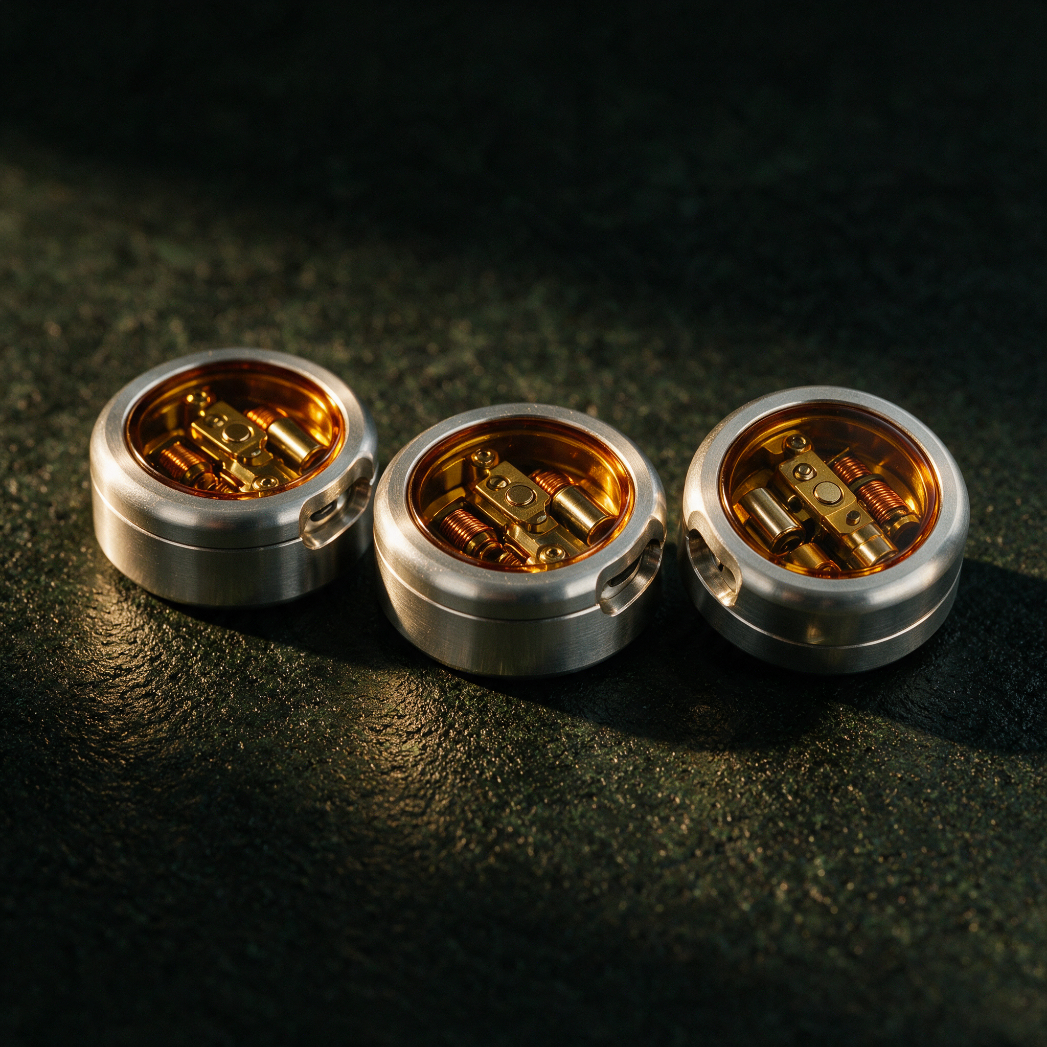 Three sealed magnetic refill pods in machined aluminium with amber glass windows on a dark surface