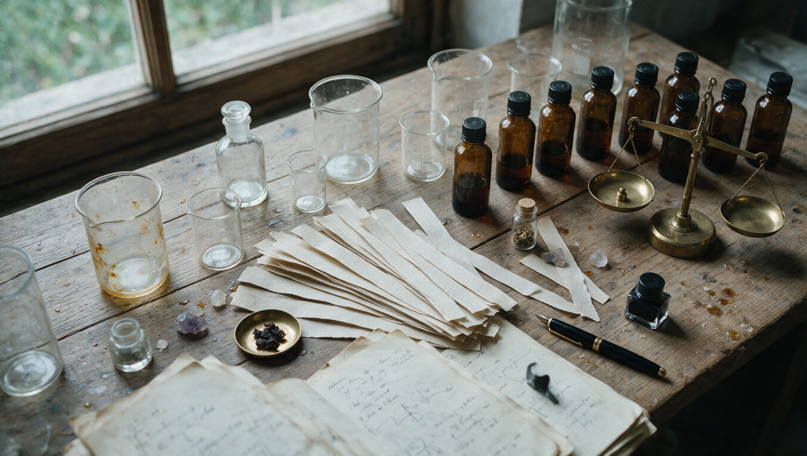 A perfumer's workbench from above: beakers, amber vials, blotter strips and a brass balance in cool north light